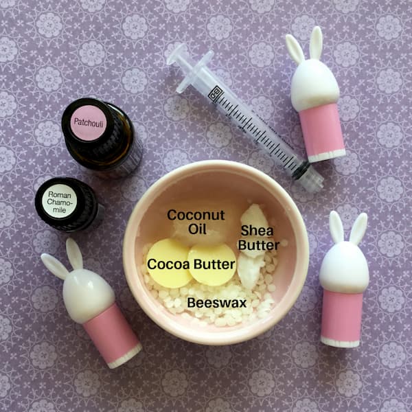 ingredients needed to make patchouli and roman chamomile lip balm