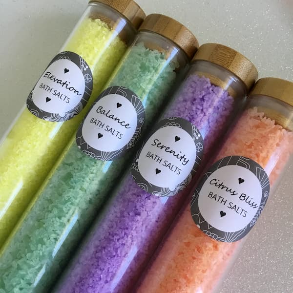 labelled bath salts in four scents
