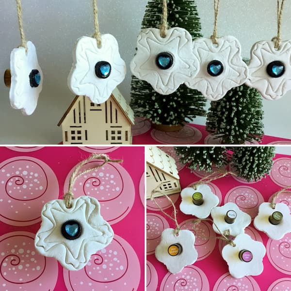 a collage of three images of essential oil diffuser ornaments with sample vials embedded in the centre handing for display