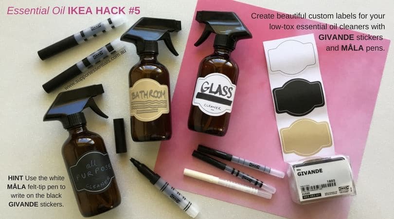 infographic showing how to label homemade essential oil cleaning bottles with ikea stickers and pens