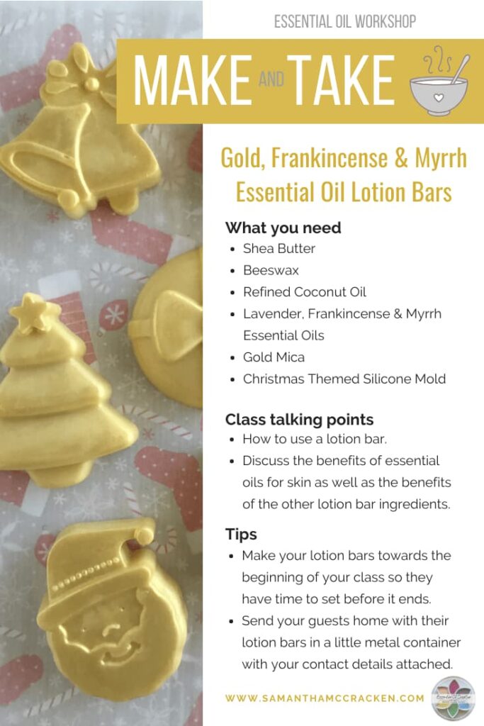 gold, frankincense and myrrh essential oil lotion bar make and take essential oil workshop