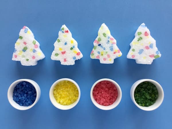 snowy tree bath salt cakes with colored baubles 