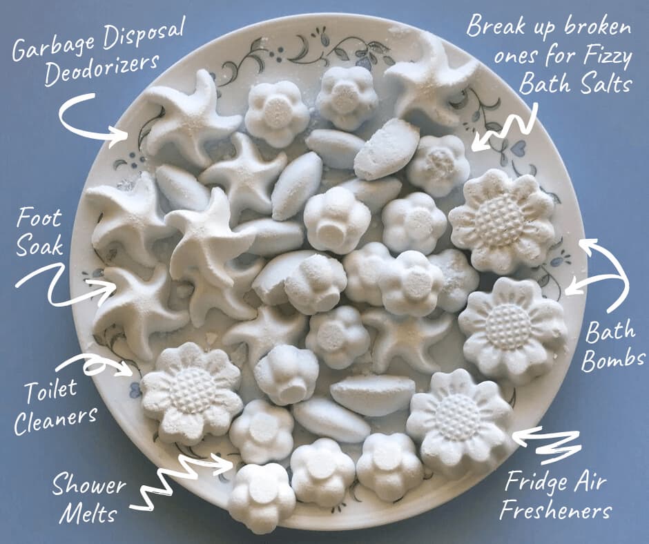 plate of pale blue home made bath bombs and surrounding text showing seven ways to use them